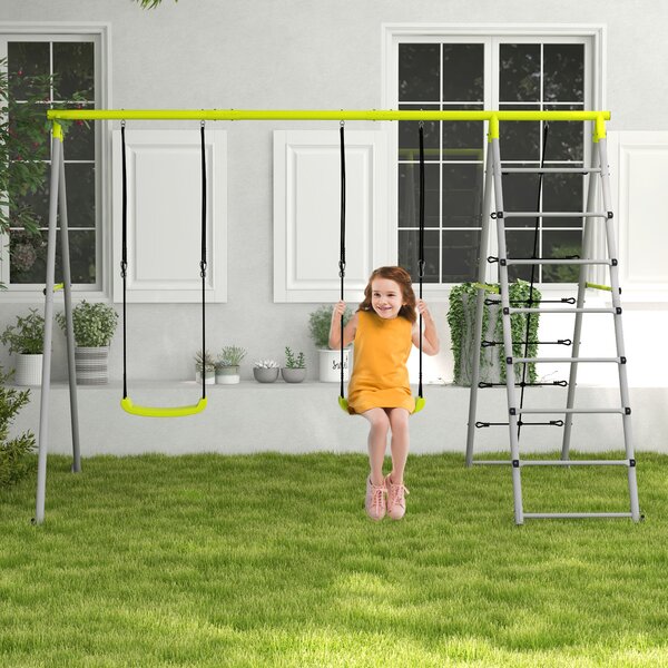 Outsunny 4 in 1 altalena da giardino per bambini con 2 seggiolino altalena scala per scalare e rete per l'arrampicata verde