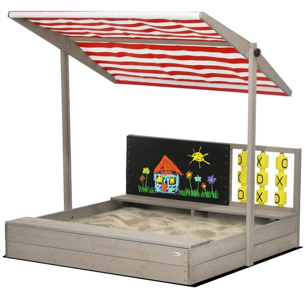 Outsunny Bac à sable quadrato in legno per bambini con panche tetto regolabile lavagna e giochi 114 x 113 x 110 cm grigio