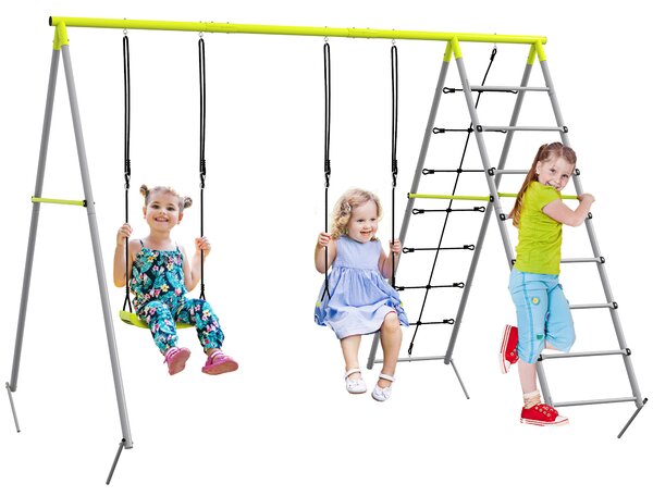 Outsunny 4 in 1 altalena da giardino per bambini con 2 seggiolino altalena scala per scalare e rete per l'arrampicata verde