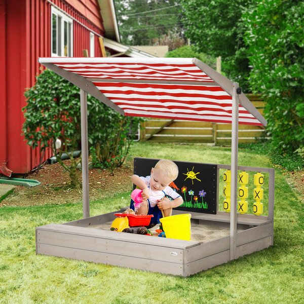 Outsunny Bac à sable quadrato in legno per bambini con panche tetto regolabile lavagna e giochi 114 x 113 x 110 cm grigio