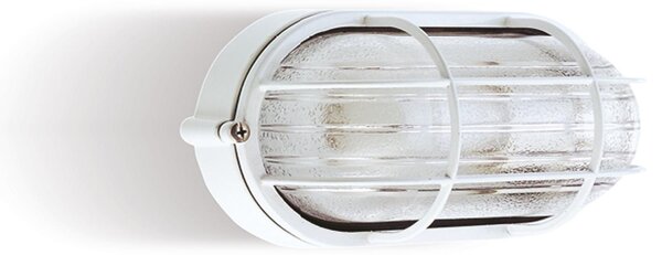 Plafoniera in termoplastico Piccola INDUSTRIALE OVALE CON Gabbia in alluminio Dimensioni 2,13x8,8xh 10,7 cm - E 27 IP 54 Diffusore in vetro stampato trasparente Bianco
