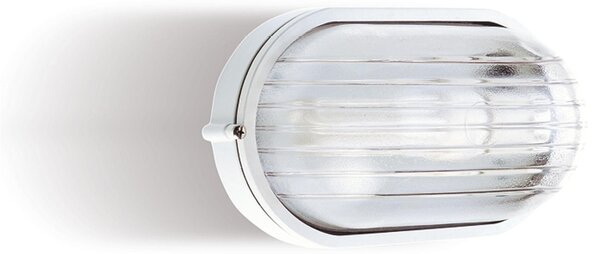 Plafoniera in termoplastico Piccola INDUSTRIALE OVALE Senza Gabbia in alluminio Dimensioni 2,13x8,8xh 10,7 cm - E 27 IP 54 Diffusore in vetro stampato trasparente Bianco