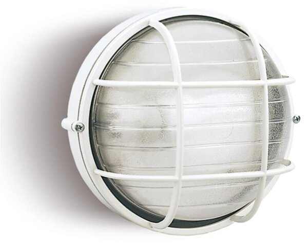 Plafoniera in termoplastico Grande INDUSTRIALE TONDA CON GABBIA in alluminio Dimensioni 25,6x h 11 cm - E 27 IP 54 Diffusore in vetro stampato trasparente Bianco