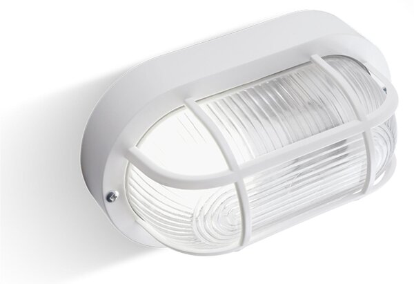 Plafoniera in termoplastico ECHO OVALE nella versione Con Gabbia Dimensioni 2,05x9,2xh 12 cm - E 27 IP 44 Diffusore in vetro stampato trasparente Bianco