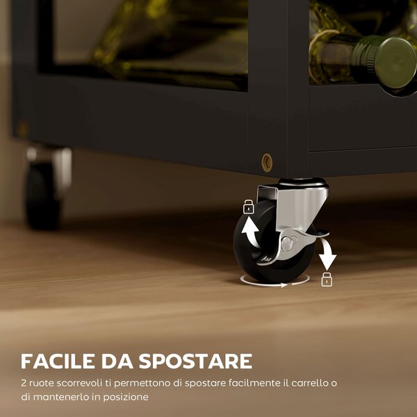 HOMCOM Carrello da Cucina con Ruote e Cassetti, 3 Ante e Portabottiglie Salvaspazio in Legno Multifunzione, 67x37x87cm, Nero e Rovere|Aosom Italy