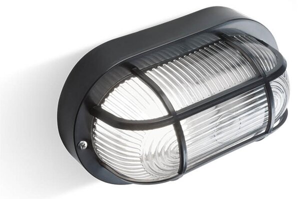 Plafoniera in termoplastico ECHO OVALE nella versione Con Gabbia Dimensioni 2,05x9,2xh 12 cm - E 27 IP 44 Diffusore in vetro stampato trasparente Nero
