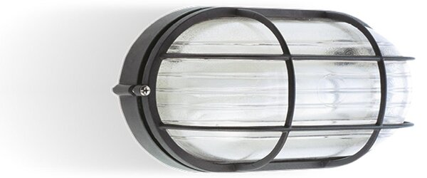 Plafoniera in termoplastico Piccola INDUSTRIALE OVALE CON Gabbia in alluminio Dimensioni 2,13x8,8xh 10,7 cm - E 27 IP 54 Diffusore in vetro stampato trasparente Nero