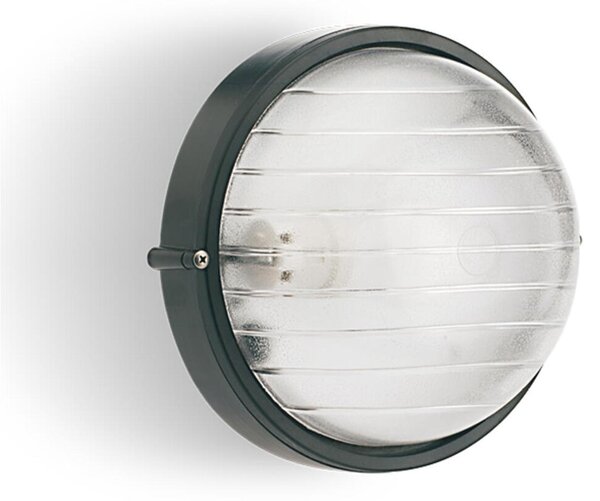 Plafoniera in termoplastico Piccola INDUSTRIALE TONDA in alluminio Dimensioni 19,2x h 9,5 cm - E 27 IP 54 Diffusore in vetro stampato trasparente Nero