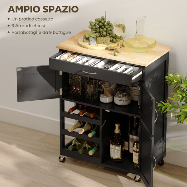 HOMCOM Carrello da Cucina con Ruote e Cassetti, 3 Ante e Portabottiglie Salvaspazio in Legno Multifunzione, 67x37x87cm, Nero e Rovere|Aosom Italy