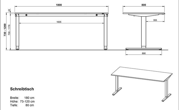 Tavolo da lavoro ad altezza regolabile elettricamente con piano in rovere 80x180 cm Lissabon - Germania