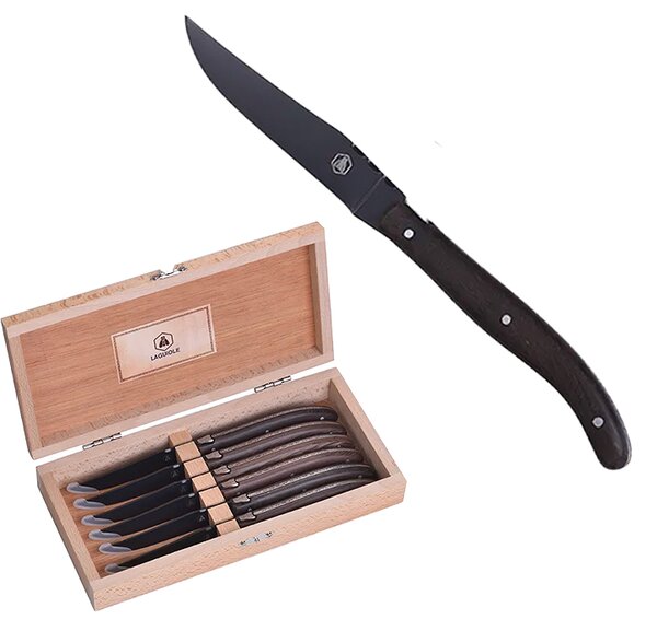 Set of Laguiole steak knives, made of stainless steel with Wengè handle, the completely black blade gives the knife an extremely elegant and refined look. This set of knives is sold with a fantastic wooden box