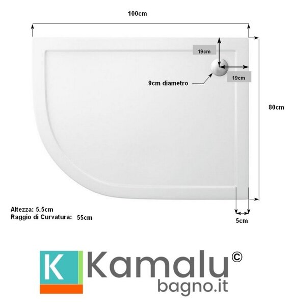 KAMALU - Piatto doccia 100x80 semicircolare versione destra KAM-1000