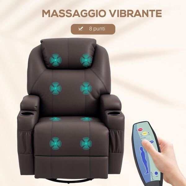 HOMCOM Poltrona Massaggiante con rotazione a 360° e reclinazione, 8 Punti Massaggio e 5 Modalità, 84x92x109cm, Marrone Scuro| Aosom Italy