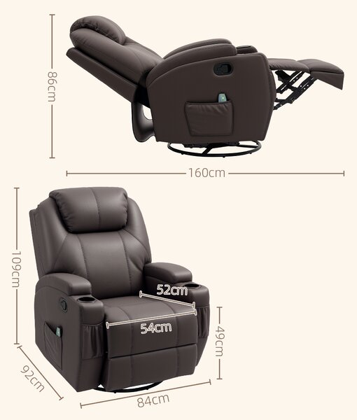 HOMCOM Poltrona Massaggiante con rotazione a 360° e reclinazione, 8 Punti Massaggio e 5 Modalità, 84x92x109cm, Marrone Scuro| Aosom Italy
