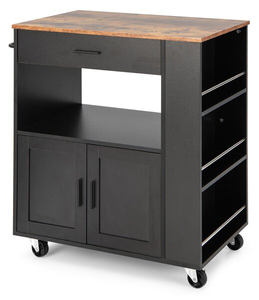 Costway Isola da cucina su ruote con portaspezie cassetto grande armadietto a 2 porte, Carrello da cucina rotante Nero