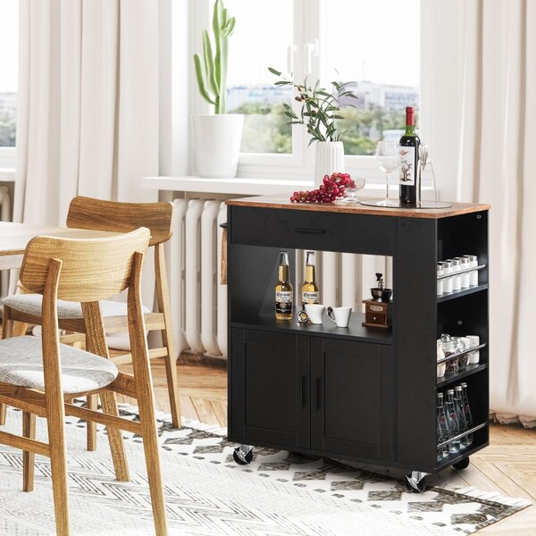 Costway Isola da cucina su ruote con portaspezie cassetto grande armadietto a 2 porte, Carrello da cucina rotante Nero