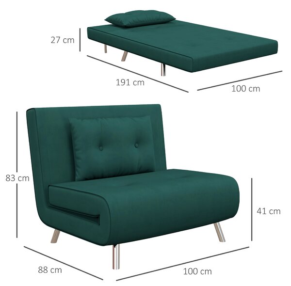 HOMCOM Poltrona Letto Singolo Salvaspazio in Tessuto Vellutato Reclinabile in 5 Posizioni con Cuscino Extra, Verde Scuro | Aosom Italy