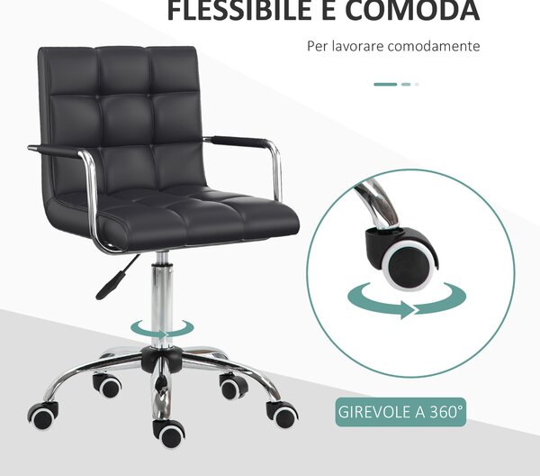 HOMCOM Sedia da Ufficio Girevole con Rotelle, Braccioli e Altezza Regolabile, Poltrona da Ufficio Imbottita Ergonomica in Pelle PU, Nero | Aosom Italy
