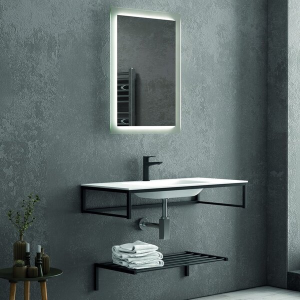 Composizione bagno metallica nera 100cm con lavabo solid surface, mensola e specchio led NICO-100C KAMALU