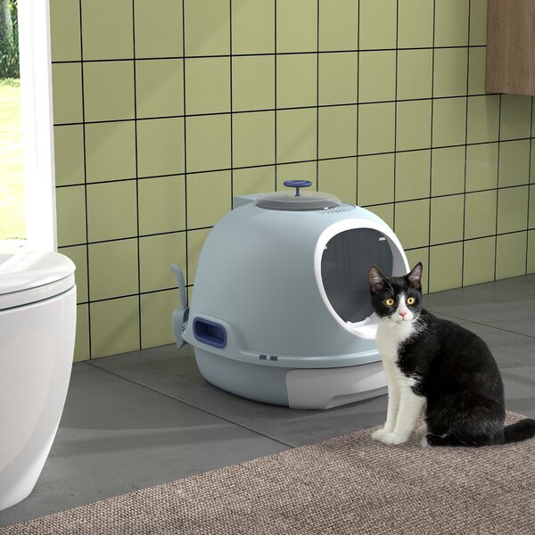 PawHut Lettiera per Gatti Chiusa con Vassoio Estraibile, 2 Ingressi e Paletta, 47x55x44cm, Azzurro|Aosom