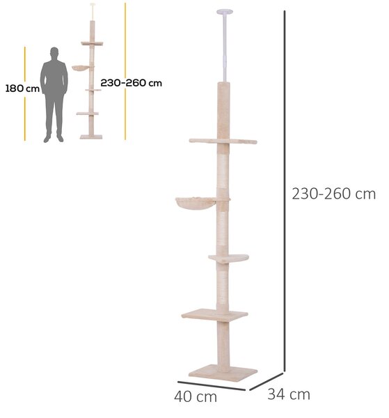 PawHut Albero Tiragraffi Multilivello a Soffitto con Amaca e Altezza Regolabile, 40x34x230-260cm, Beige|Aosom