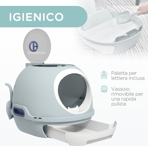PawHut Lettiera per Gatti Chiusa con Vassoio Estraibile, 2 Ingressi e Paletta, 47x55x44cm, Azzurro|Aosom