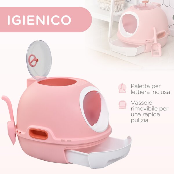 PawHut Lettiera per Gatti Chiusa con Vassoio Estraibile, 2 Ingressi e Paletta, 47x55x44cm, Rosa|Aosom
