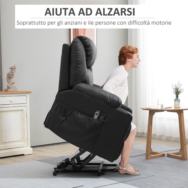 HOMCOM Poltrona Alzapersona Reclinabile max 135° con 8 Punti Massaggianti e Poggiapiedi, 88x92x106 cm, Nero|Aosom