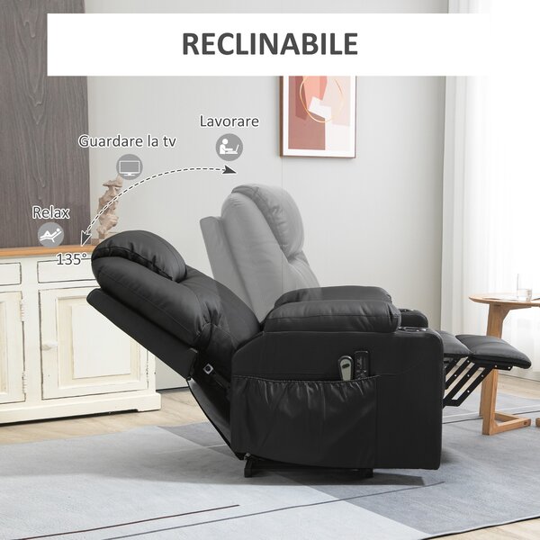 HOMCOM Poltrona Alzapersona Reclinabile max 135° con 8 Punti Massaggianti e Poggiapiedi, 88x92x106 cm, Nero|Aosom