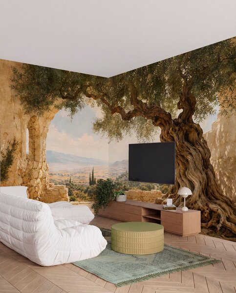 Carta da parati Un ulivo secolare tra rovine di pietra e colline, Carta da parati Natura, w05896 : Uwalls.it