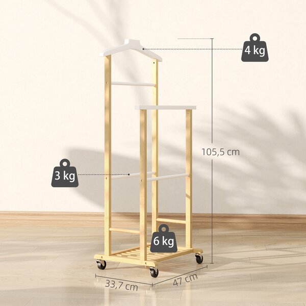 HOMCOM Appendiabiti da Terra con Ruote, Barre, Mensola, in Bambù, Design Nordico, 47x33.7x105.5 cm, Color Legno | Aosom Italy