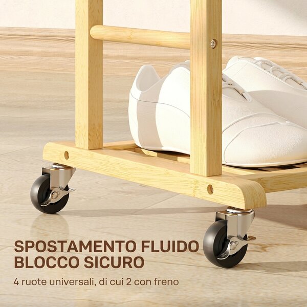 HOMCOM Appendiabiti da Terra con Ruote, Barre, Mensola, in Bambù, Design Nordico, 47x33.7x105.5 cm, Color Legno | Aosom Italy
