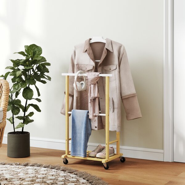 HOMCOM Appendiabiti da Terra con Ruote, Barre, Mensola, in Bambù, Design Nordico, 47x33.7x105.5 cm, Color Legno | Aosom Italy