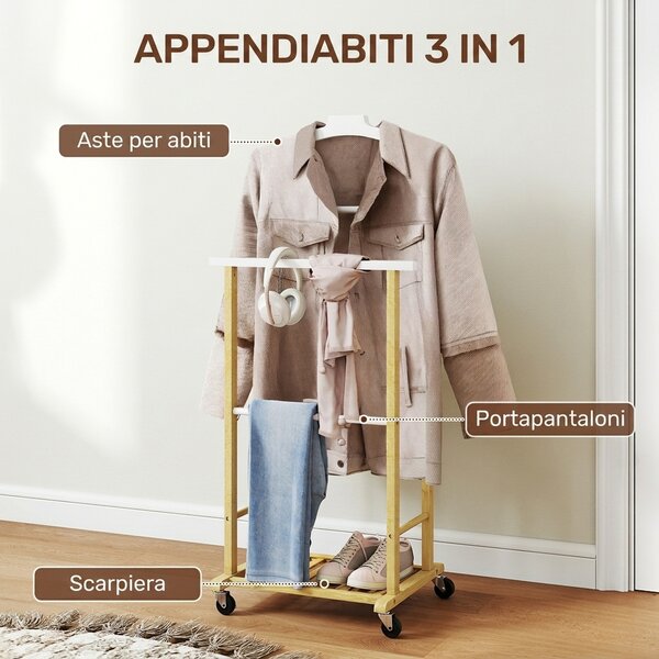 HOMCOM Appendiabiti da Terra con Ruote, Barre, Mensola, in Bambù, Design Nordico, 47x33.7x105.5 cm, Color Legno | Aosom Italy