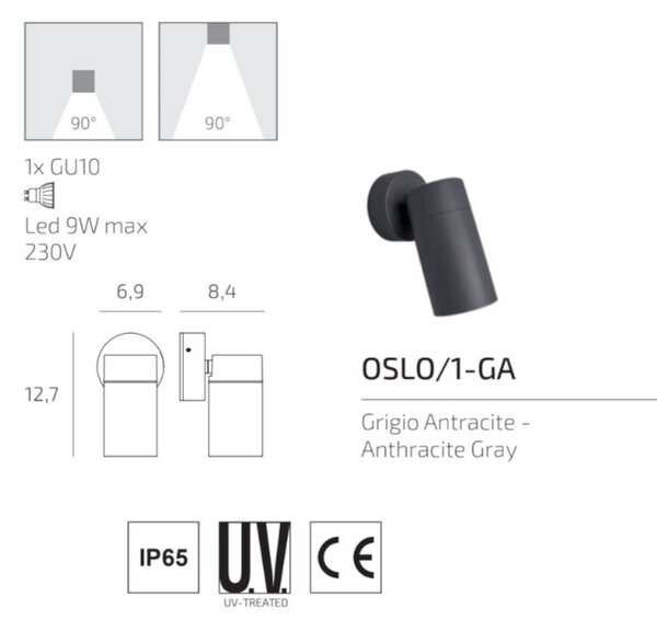 Applique moderno top light oslo 1 ga gu10 led ip65 orientabile alluminio vetro - Top Light