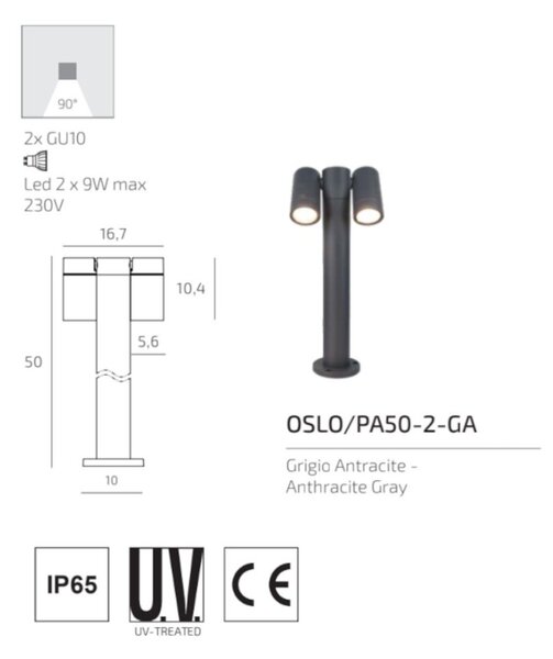 Lampioncino moderno top light oslo pa50 pa80 2 ga gu10 led ip65 orientabile alluminio vetro - Top Light