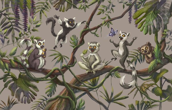 Carta da parati Gruppo di lemuri su un ramo di un albero, Carta da parati animali, Carta da parati popolare, t00992 - Tapeko.it