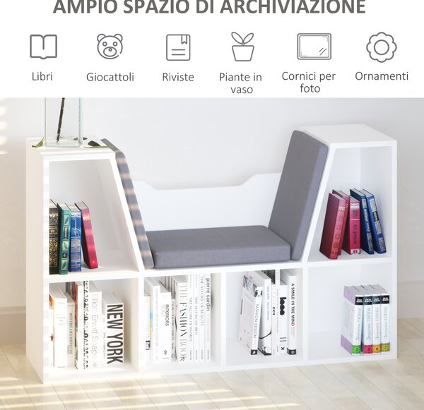 HOMCOM Libreria Scaffale 2 in 1 con Cuscini Morbidi e 6 Scomparti, Mobile Libreria Multiuso per Libri e Giochi, Scaffale a 6 Cubi per Soggiorno, Camera da Letto e Ufficio, 102x30x61 cm, Bianco | Aosom Italy