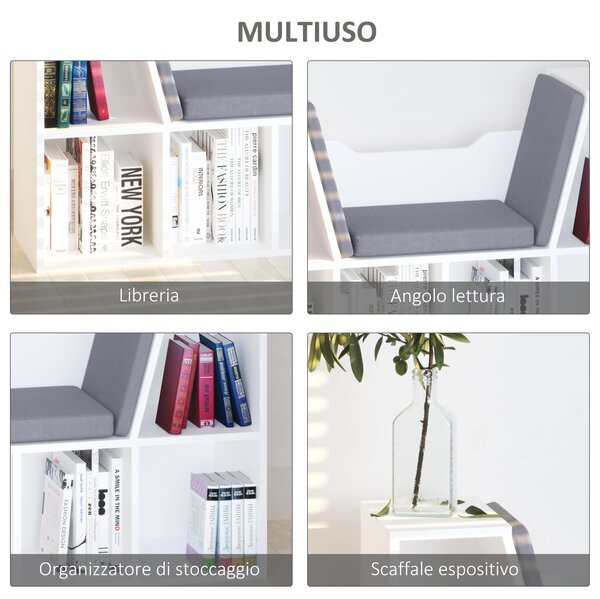 HOMCOM Libreria Scaffale 2 in 1 con Cuscini Morbidi e 6 Scomparti, Mobile Libreria Multiuso per Libri e Giochi, Scaffale a 6 Cubi per Soggiorno, Camera da Letto e Ufficio, 102x30x61 cm, Bianco | Aosom Italy