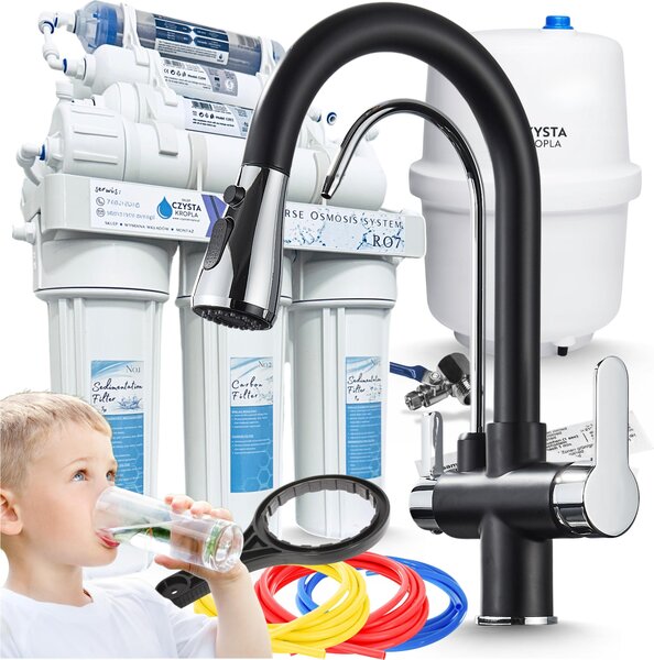 Rubinetto da cucina a 3 vie Ari Nordic con doccetta estraibile, girevole, con attacco per filtro acqua, nero cromato