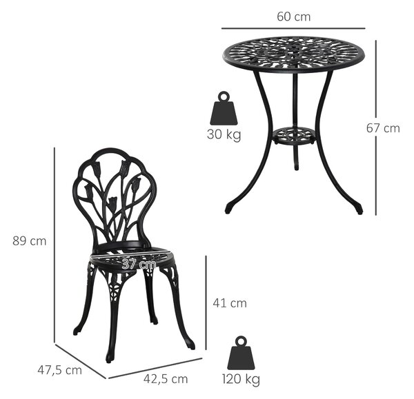 Outsunny Set da Giardino 3 Pezzi in Alluminio con 2 Sedie 42.5x47.5x89 cm e Tavolino Rotondo Ø60x67 cm, Nero|Aosom