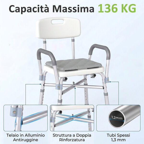 HOMCOM Sedia Doccia ad Altezza Regolabile con Braccioli e Cuscino Rimovibile 53.5x52x80-90 cm, Bianca|Aosom