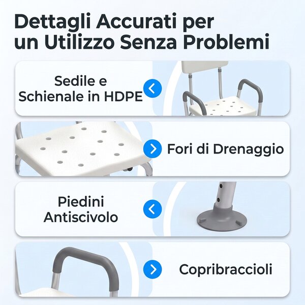 HOMCOM Sedia Doccia ad Altezza Regolabile con Braccioli e Cuscino Rimovibile 53.5x52x80-90 cm, Bianca|Aosom