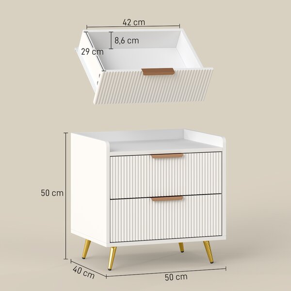 HOMCOM Comodino Camera da Letto, Comodino con 2 Cassetti Scanalati, Gambe in Metallo Dorato, per Soggiorno, 50x40x50cm, Bianco | Aosom Italy