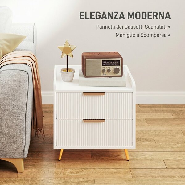 HOMCOM Comodino Camera da Letto, Comodino con 2 Cassetti Scanalati, Gambe in Metallo Dorato, per Soggiorno, 50x40x50cm, Bianco | Aosom Italy