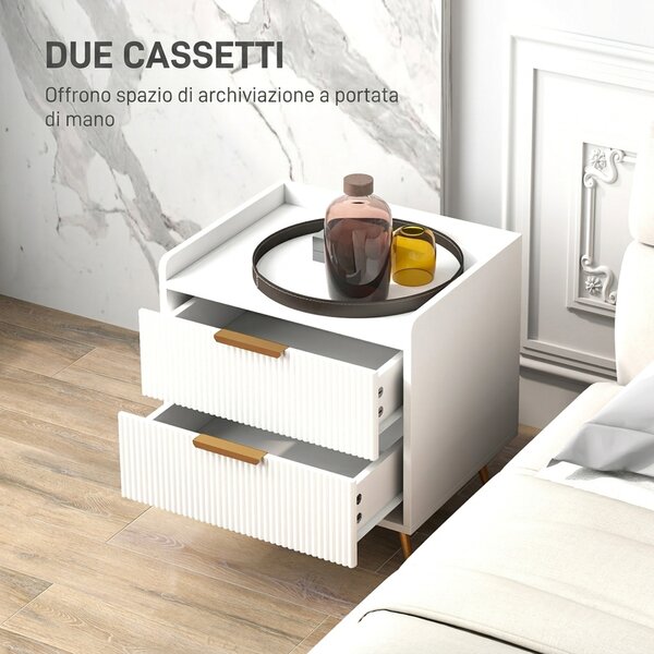 HOMCOM Comodino Camera da Letto, Comodino con 2 Cassetti Scanalati, Gambe in Metallo Dorato, per Soggiorno, 50x40x50cm, Bianco | Aosom Italy