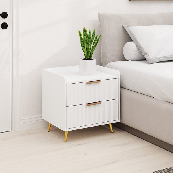 HOMCOM Comodino Camera da Letto, Comodino con 2 Cassetti Scanalati, Gambe in Metallo Dorato, per Soggiorno, 50x40x50cm, Bianco | Aosom Italy