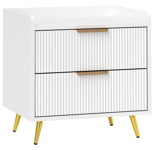 HOMCOM Comodino Camera da Letto, Comodino con 2 Cassetti Scanalati, Gambe in Metallo Dorato, per Soggiorno, 50x40x50cm, Bianco | Aosom Italy