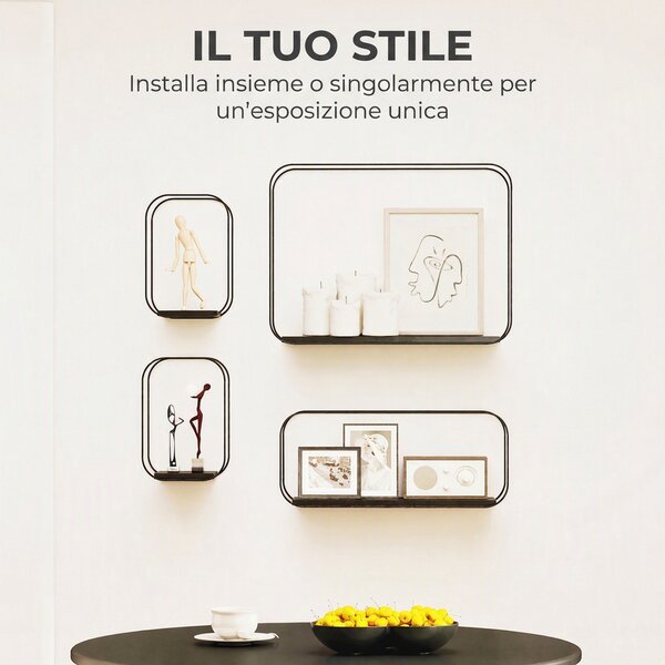 HOMCOM Mensole Flottanti Geometriche per Soggiorno, Set di 4 Pezzi, Nero | Aosom Italy