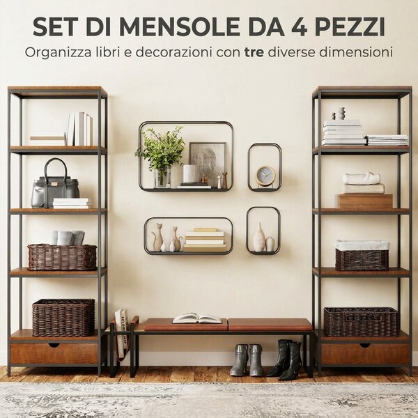 HOMCOM Mensole Flottanti Geometriche per Soggiorno, Set di 4 Pezzi, Nero | Aosom Italy